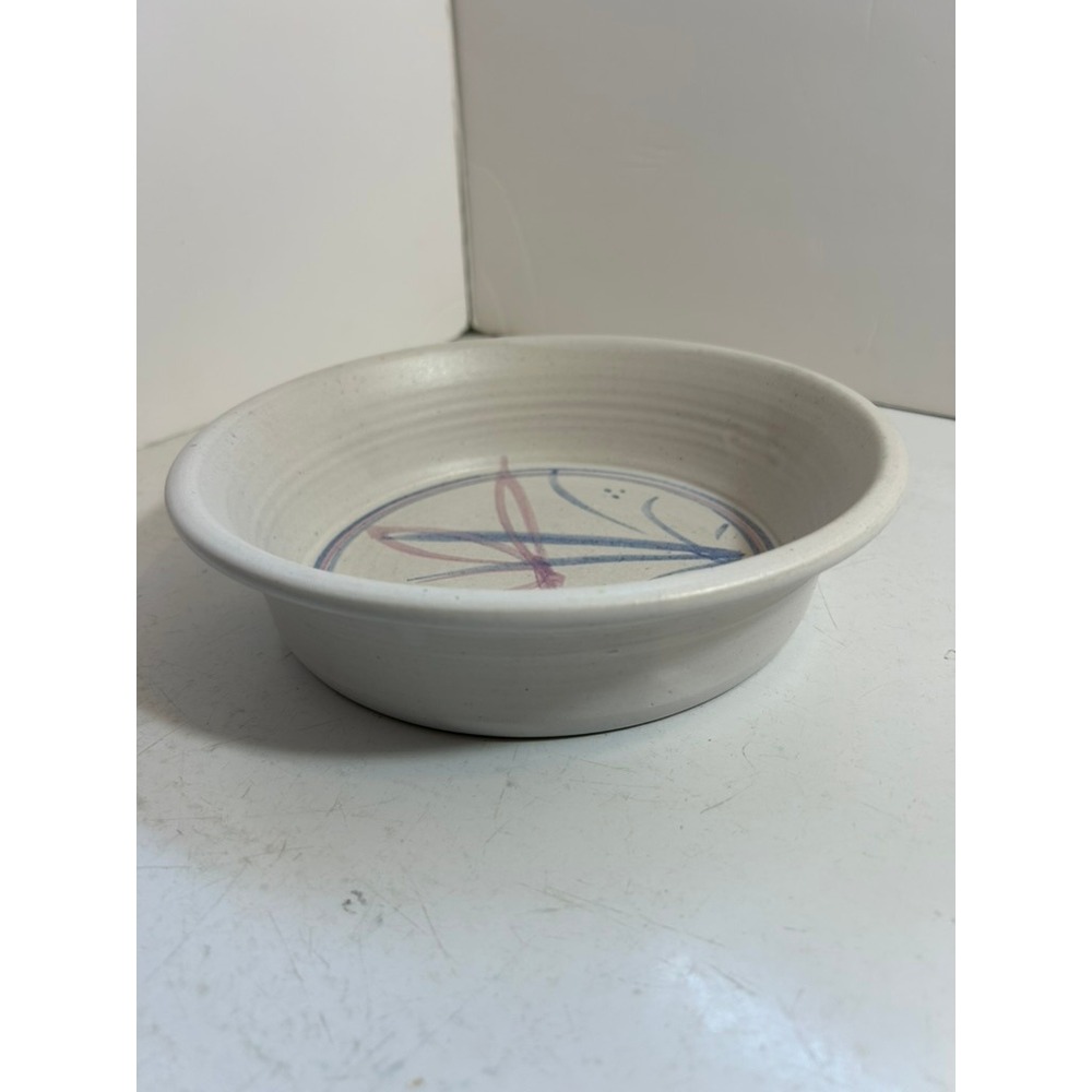 Studio Pottery Stoneware Bowl Floral Blue Pink Hand Thrown Artisan 8.5" - Picture 5 of 10